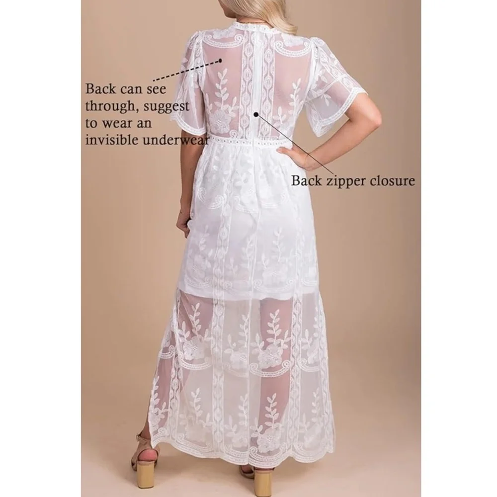 Womens V Neck Floral Embroidered Lace Maxi Dress - Picture 3 of 7